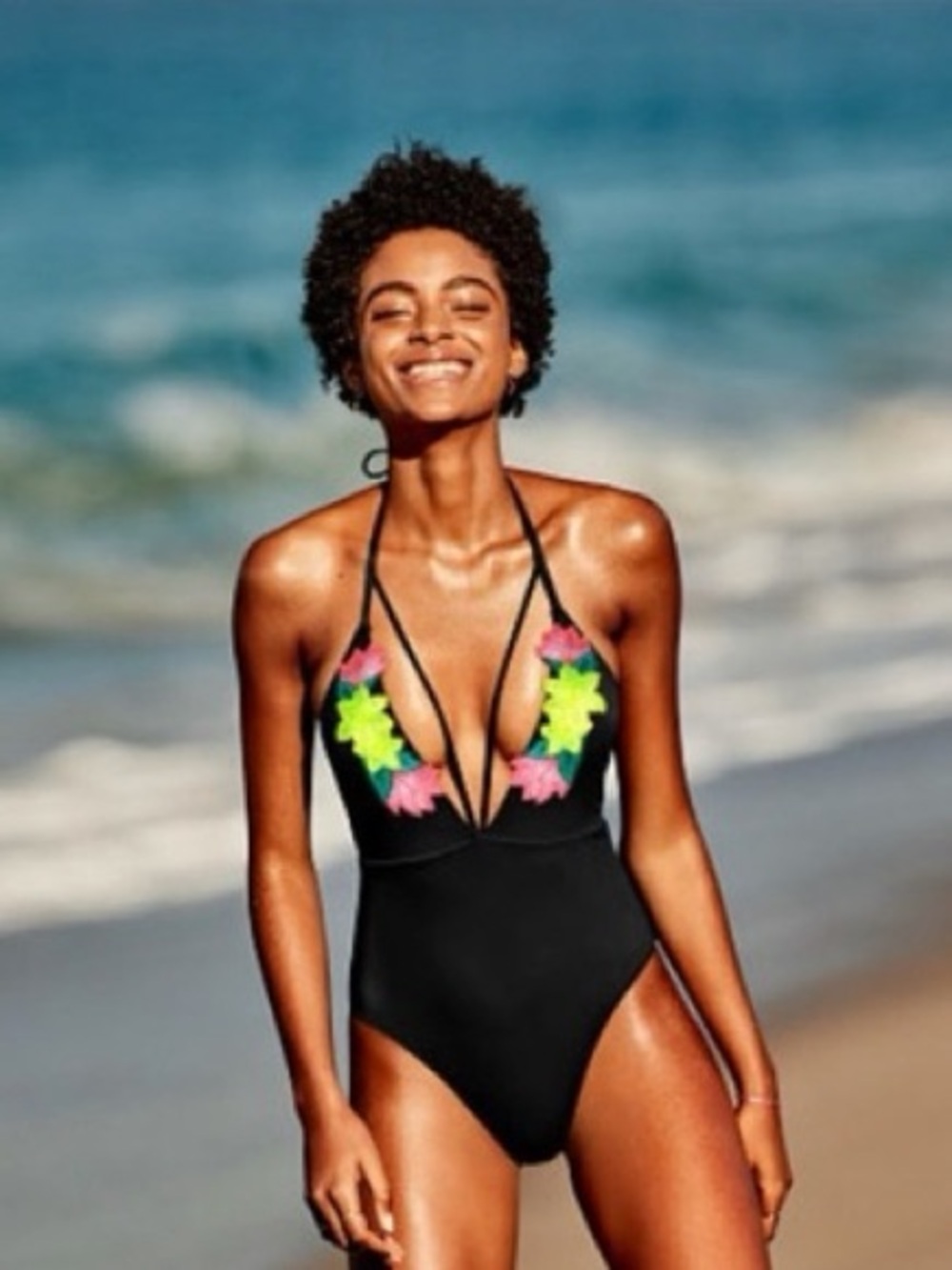 Pink Victoria's Secret Embroidered Floral Strappy Plunge One Piece Swimsuit M